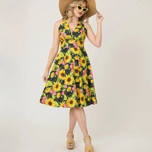 Unique Vintage Sunflower Cotton Halter Swing Dress